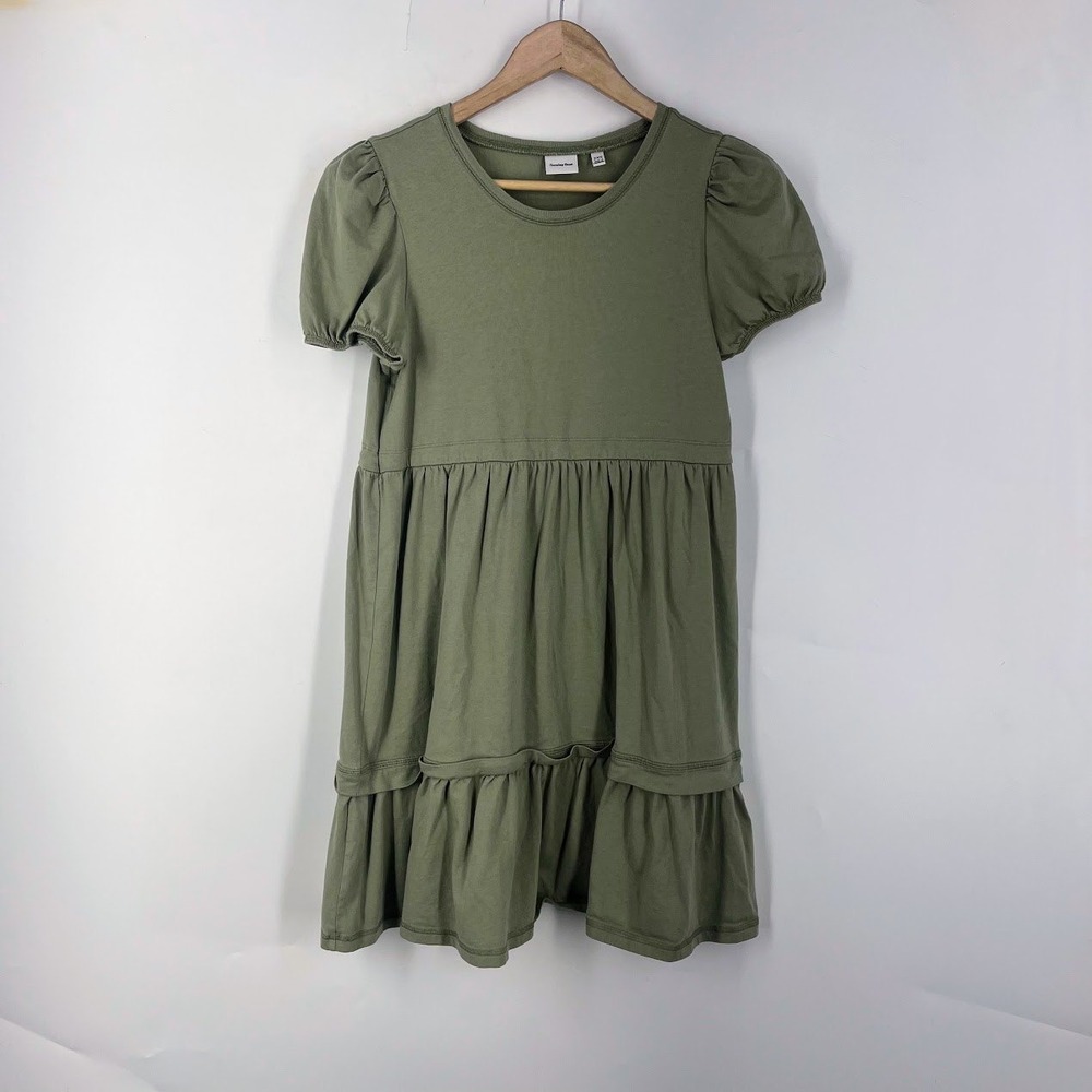 Sunday Best Aritzia Olive Green Cotton Tiered Puff Sleeve Babydoll Dress 2XS